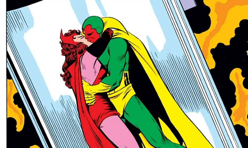 Visão e a Feiticeira Escarlate se abraçam em uma cena romântica dos quadrinhos da Marvel.